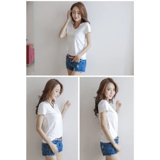 เสื้อสีดำ คอกลมคอวีสีพื่้น แฟชั่นฤดูร้อน ผู้หญิง แขนสั้น เนื้อผ้านุ่มเย็นสบาย
