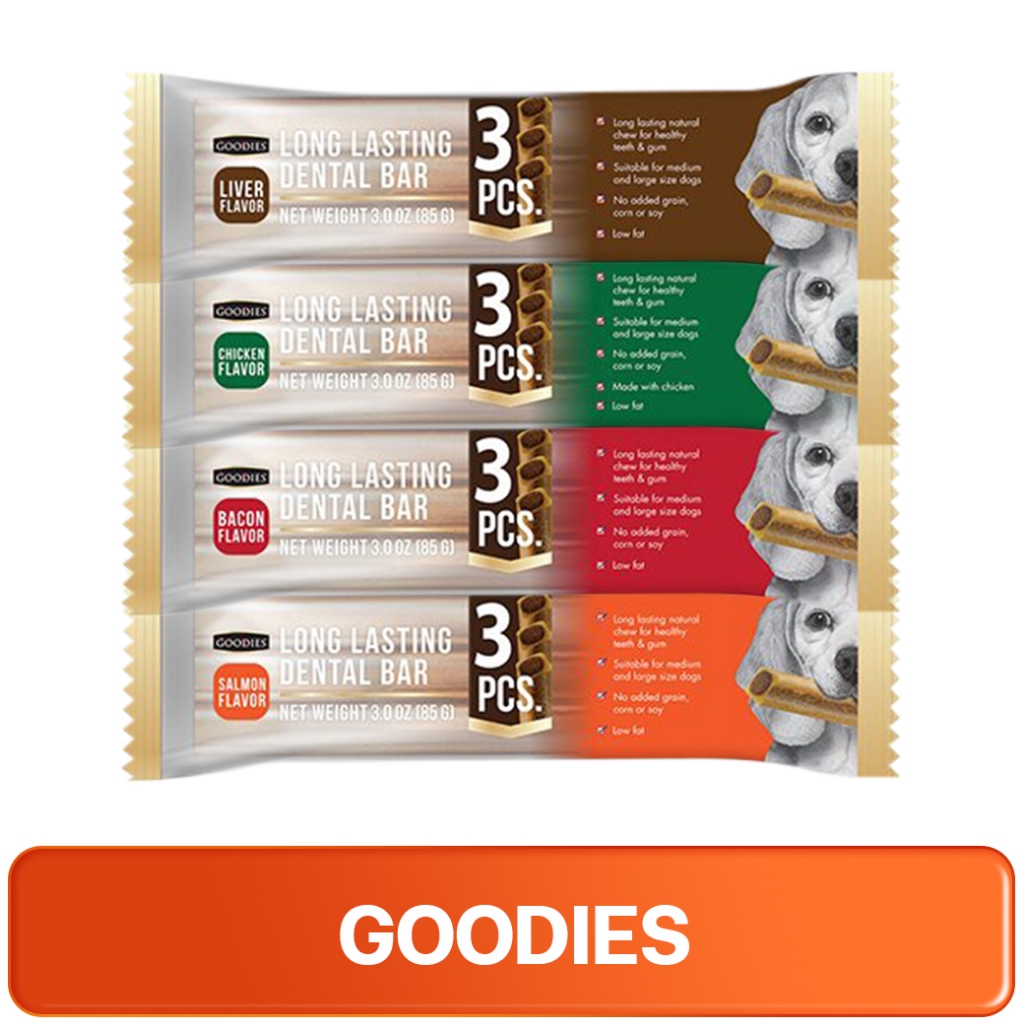 GOODIES Long Lasting Dental กู้ดดี้ ลองลาสติ้ง เดนทัลบาร์ ขนมขัดฟันสุนัข 85 กรัม ไซส์ S (3 ชิ้น/ซอง)