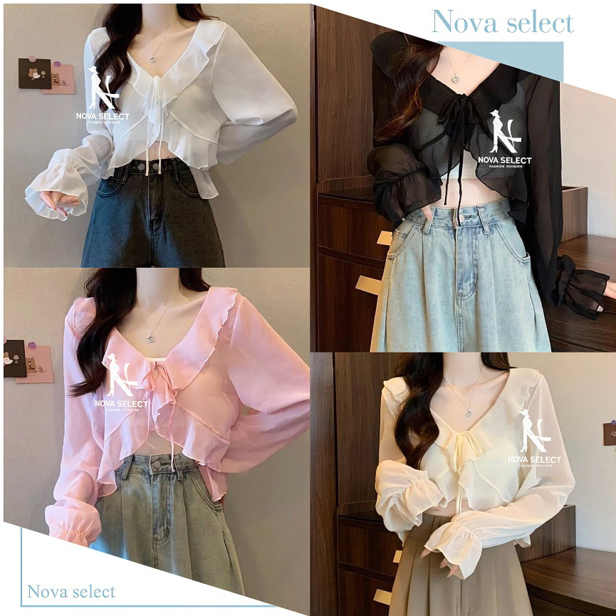 เสื้อคลุมแขนยาวงานชีฟองบาง ดีเทลเชือกผูกโบว์ด้านหน้า แนวสาวเกาหลี ชายแต่งระบาย ผ้าดีใส่สบาย น่ารักมาก