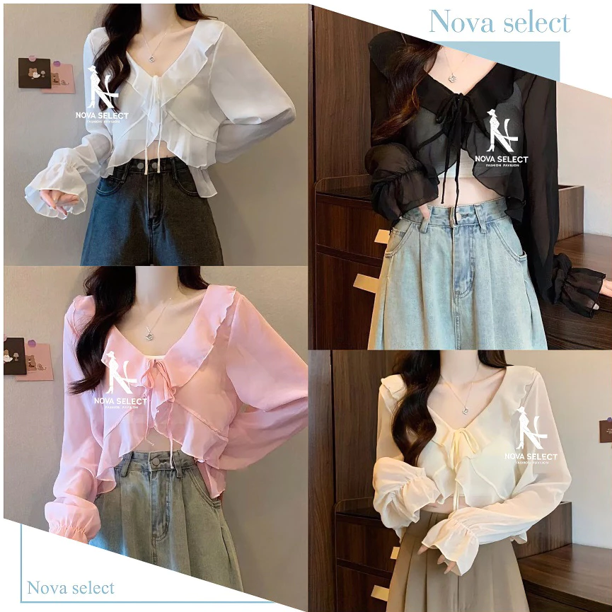 เสื้อคลุมแขนยาวงานชีฟองบาง ดีเทลเชือกผูกโบว์ด้านหน้า แนวสาวเกาหลี ชายแต่งระบาย ผ้าดีใส่สบาย น่ารักมาก