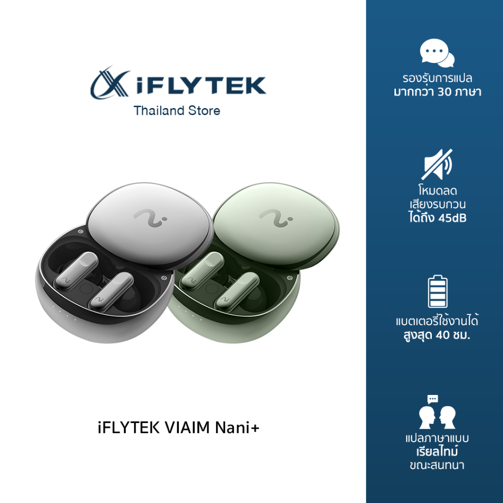iFLYTEK VIAIM Nano+ Earbuds แปล 11 ภาษาเรียลไทม์ 98% ตัดเสียง ANC 45dB แบต 40 ชม. บันทึก+สรุป คู่ 2 ดีไวซ์