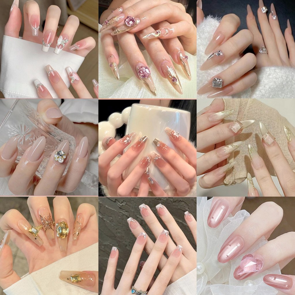 เล็บปลอมสำเร็จรูปโทนสีชมพูทอง งานฟรีไซส์ 24 ชิ้นในกล่อง เล็บปลอมสีวอร์มโทน