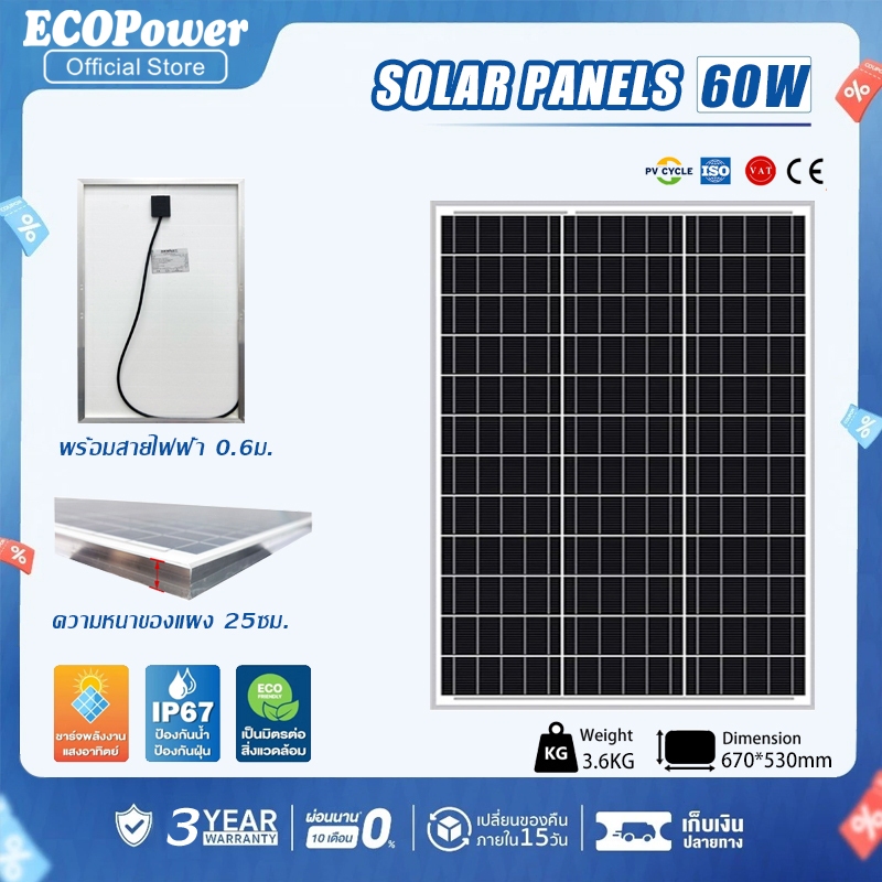 Soler Panel แผงโซล่าเซลล์ 60W 18V โซล่าเซลล์ แผง 60 วัตต์ พลังงานแสงอาทิตย์ แผงโพลี โซล่า แผงโมโ