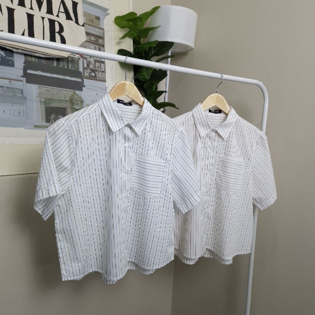 เสื้อเชิ้ตผู้หญิงแขนสั้น ลายริ้ว Matcha  Latte Shirt ผ้าคอตตอน100 นุ่มลื่นใส่สบาย งานไทย By MINIMAL CLUB