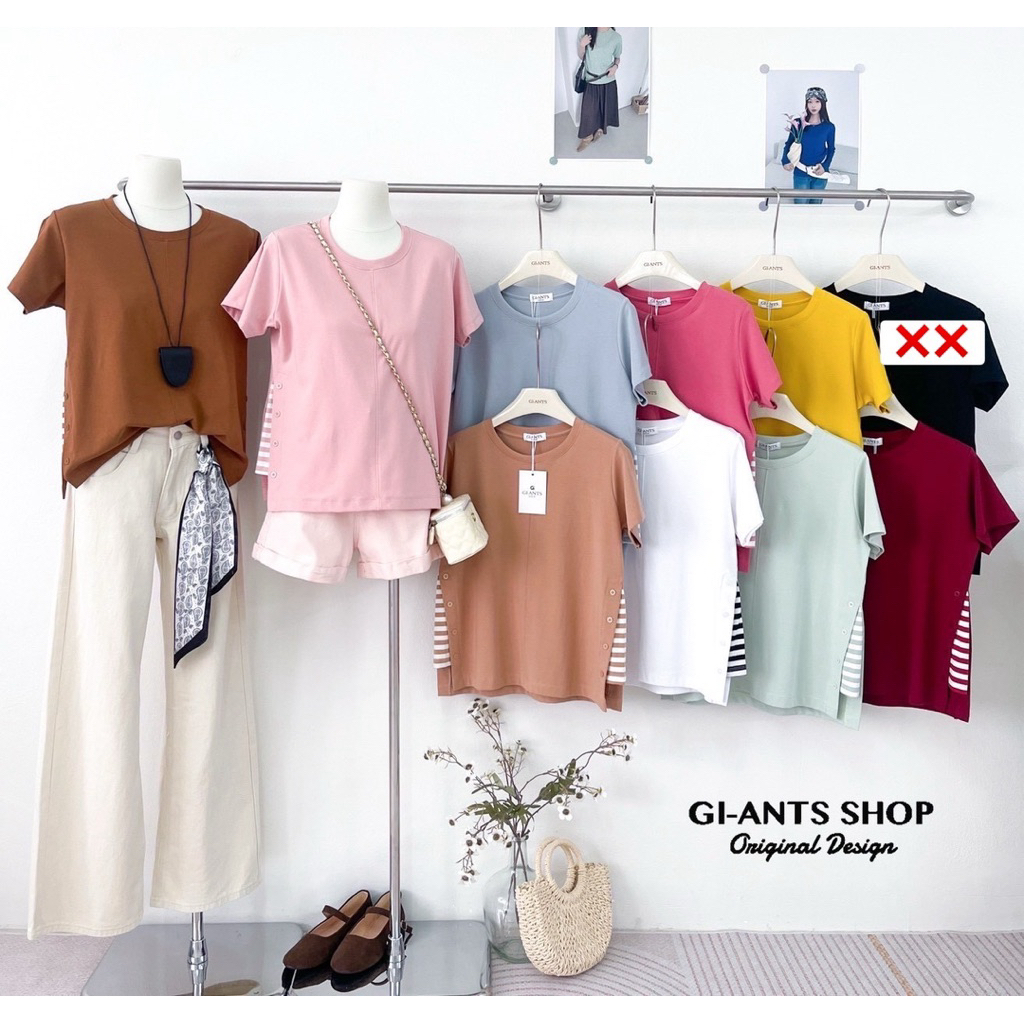 GI-ANTS(GI-342)เสื้อยืดคอกลมแขนสั้น ต่อข้างผ้าริ้ว งานเรียบเบสิก สวย ปัง เนื้อผ้าcottonพรีเมียม