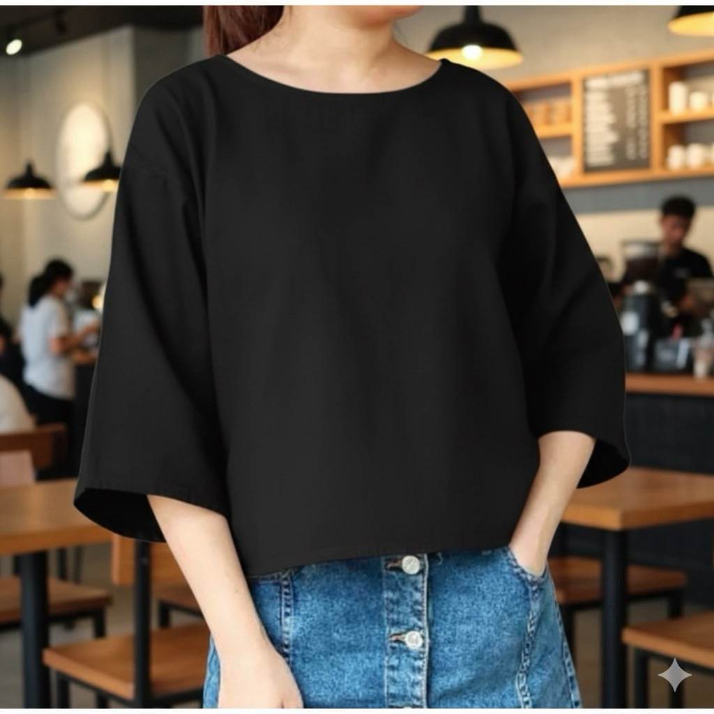 🖤(ไซส์40-46)เสื้อแขน5ส่วนสีดำ สีพื้นผ้าฝ้าย🖤