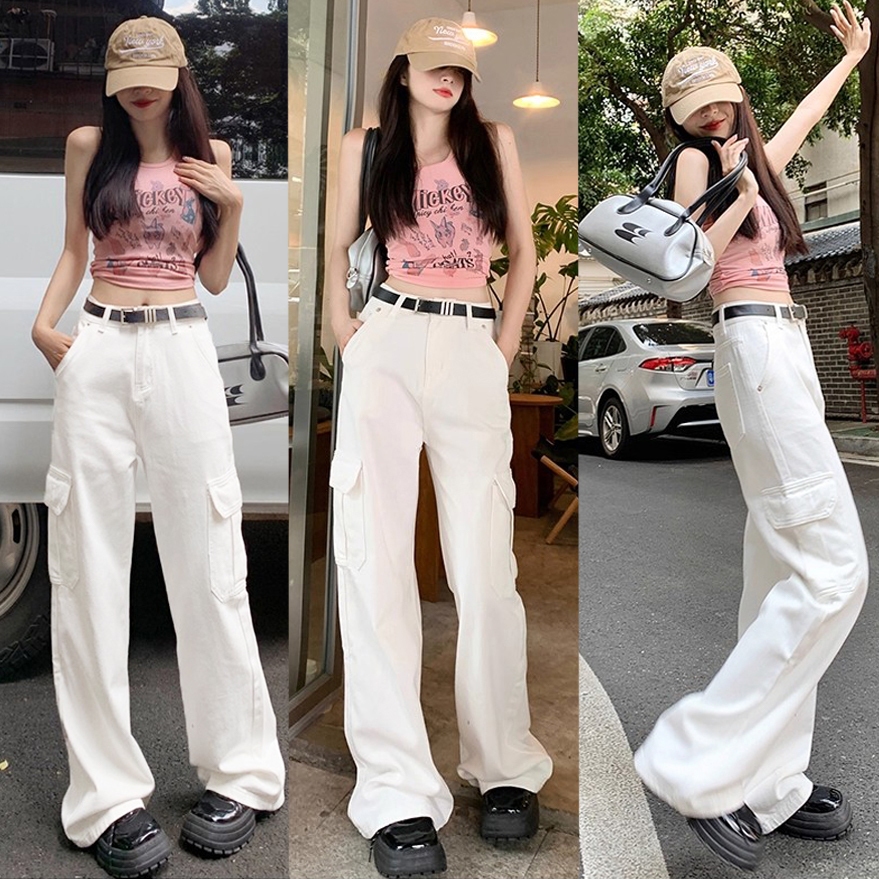 S~5XL Overalls White Jeans Denim เสื้อกางเกงทำงานสีขาวตรงแบบเกาหลี กางเกงสบายๆ เอวสูงทรงหลวม กางเกงยีนส์ขาบานทรงเกาหลี