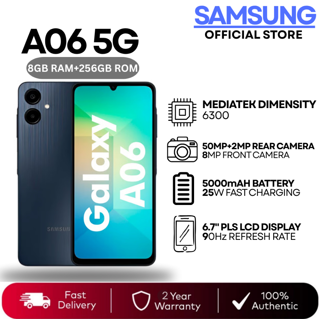 🔥 ลดราคา Samsung Galaxy A06 5G 8/256GB ใหม่ล่าสุด กล้อง 50MP แบต 5000mAh ศูนย์ไทยแท้