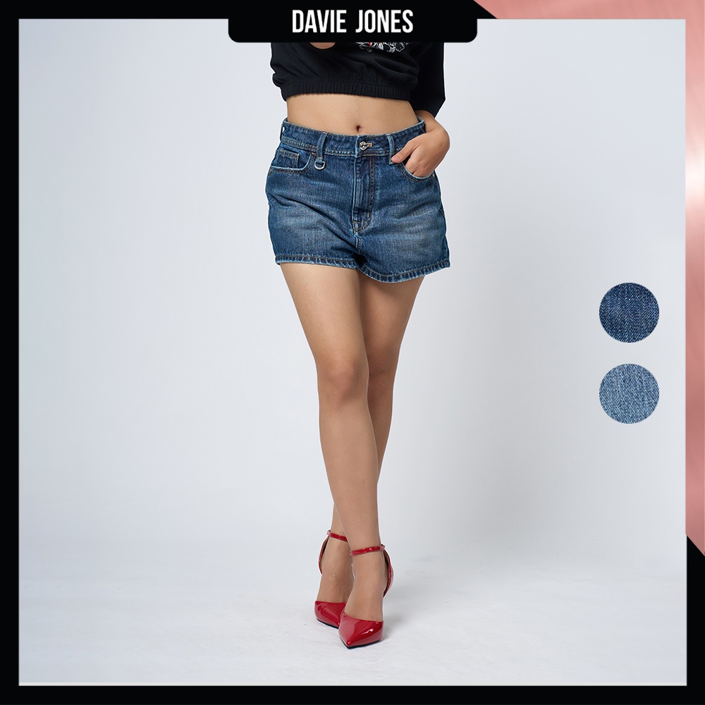 DAVIE JONES WOMEN กางเกงขาสั้น ยีนส์ Relaxed Fit Jeans Shorts SR0001 สีกรม ฟ้า