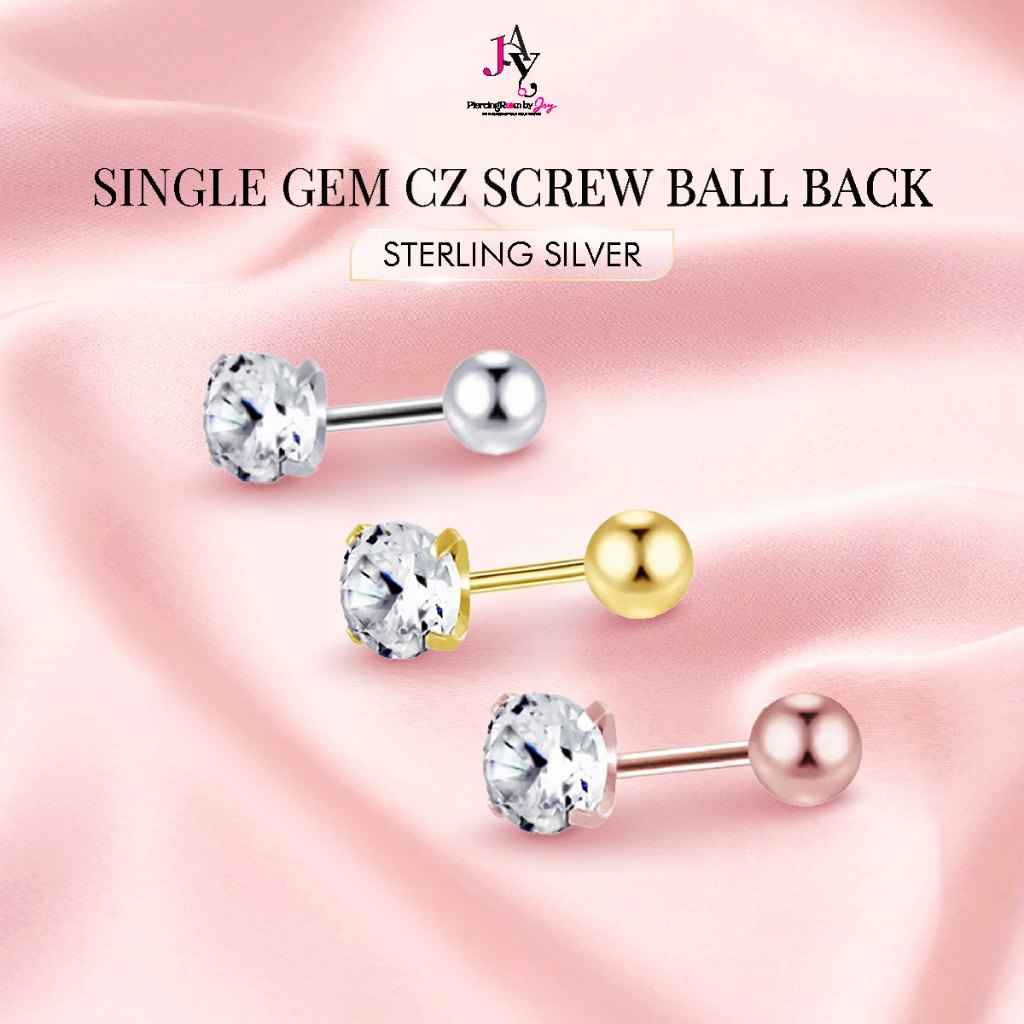 ต่างหู จิวเงินแท้ สำหรับผิวแพ้ง่าย Single Gem CZ เกลียวหมุน Screw Ball Back (ราคาต่อชิ้น) Piercingroom by Jay