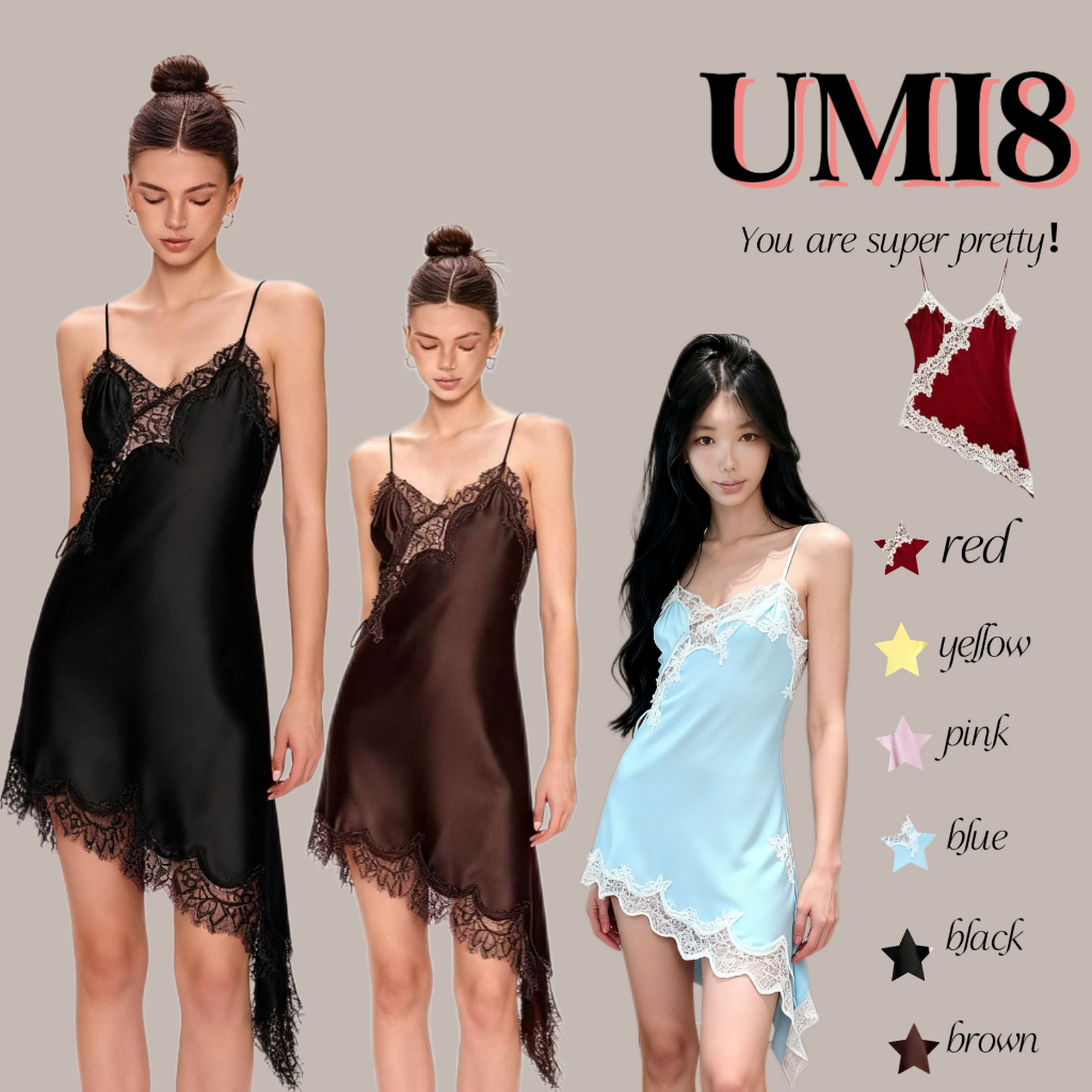 UMI8💝【ในสต็อก】💝ดีไซน์สายรัดด้านบนผ้าซาตินฝรั่งเศสลูกไม้เย็บต่อแบบไม่สมมาตรระดับไฮเอนด์ไม่มีหลังฤดูร้อนใหม่