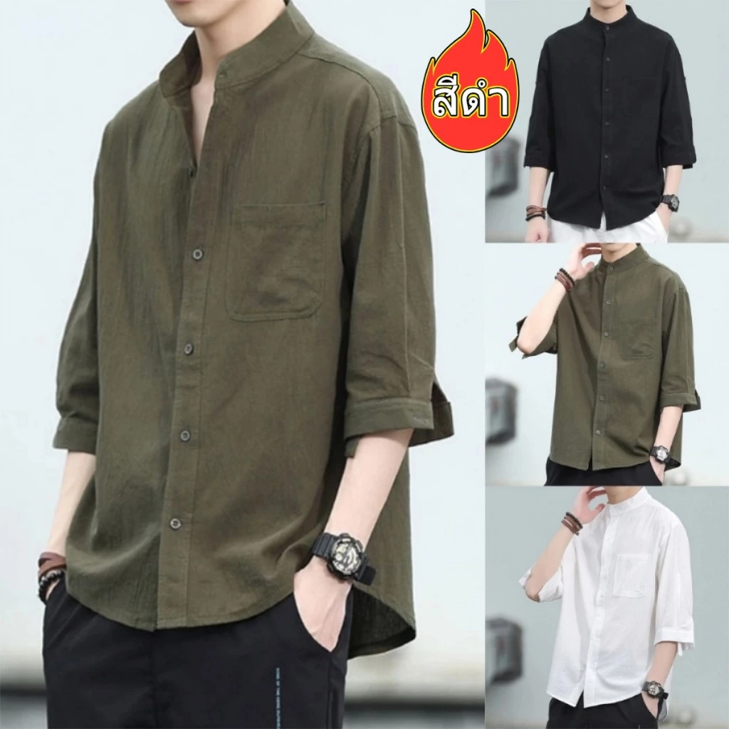 เสื้อเชิ้ตผู้ชาย เสื้อคอจีนผู้ชาย ผ้าฝ้าย และผ้าลินิน ระบายอากาศดี แบบบาง คอปก แบบเรียบง่าย