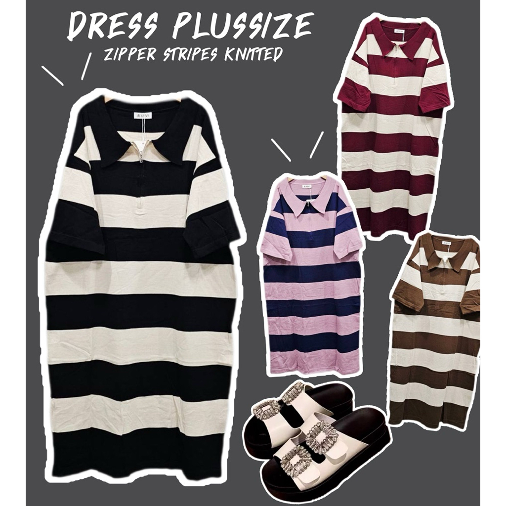 เดรสไหมพรมทอลายทาง-คอปก Plussize