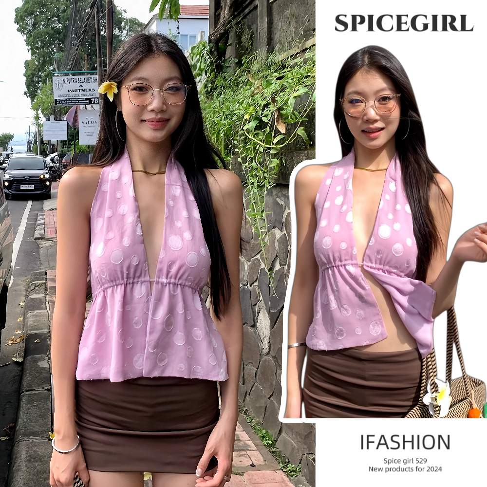 🍓Spice girl🍓ท๊อป เสื้อสายเดี่ยว คอวีลึก สายคล้องคอ ลายจุด สีชมพู ผ้าดี มีความยืดหยุ่นสูง ใส่สบาย สีสวยมาก หวานๆ เซ็กซี่