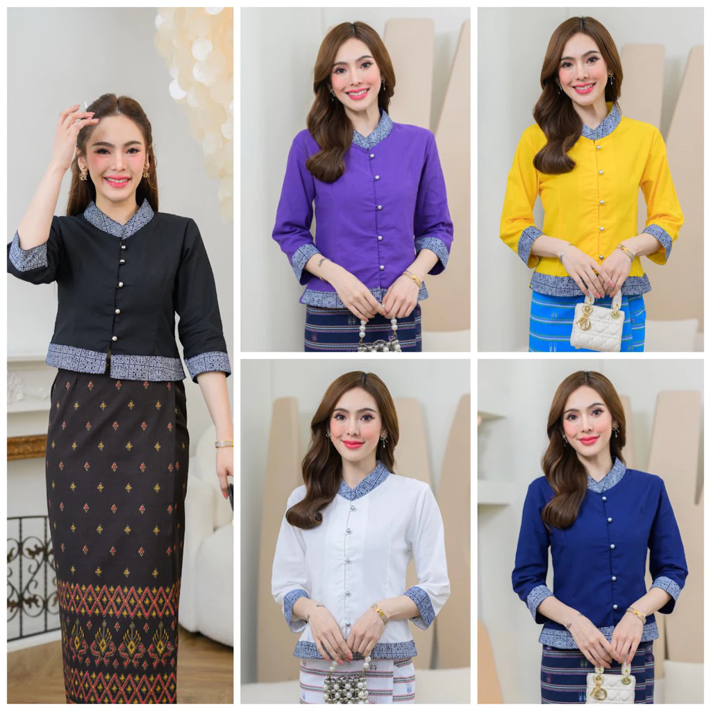 เสื้อพื้นเมืองผู้หญิง แขนยาวแต่งผ้าลาย