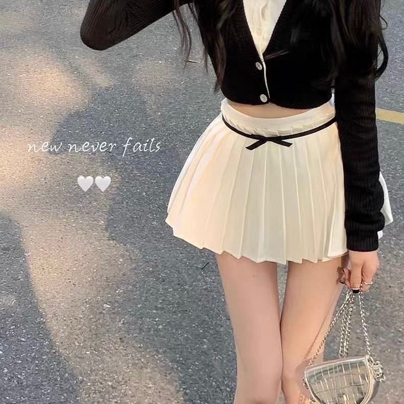 พร้อมส่ง❤️ กระโปรงจีบเอวสูง ติดโบว์ น่ารักมาก มีซับใน