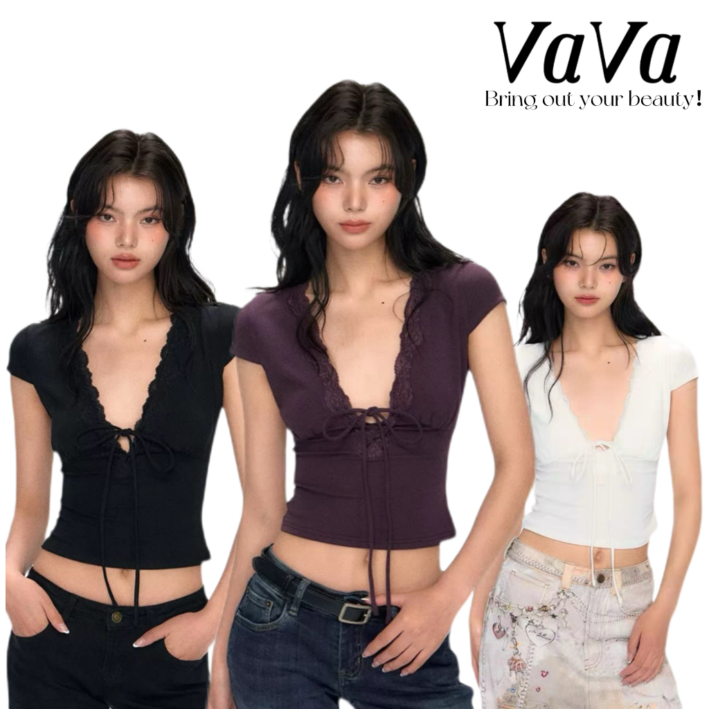 VaVa【ในสต็อก】เสื้อยืดแขนสั้นผู้หญิงสุดฮอต 2025 ฤดูร้อนใหม่ ลูกไม้ต่อคอวี ทรงเข้ารูป