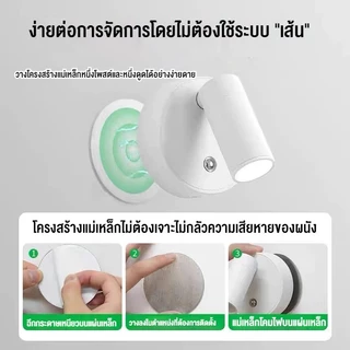 JQTH โคมไฟติดผนัง LED แบบชาร์จไฟได้ ไฟสัมผัสแบบแม่เหล็กไร้สาย ไฟสปอตไลท์หมุนได้ 360° สำหรับไฟอ่านหนังสือข้างเตียงในห้องน