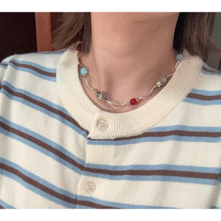 สร้อยคอลูกปัดแก้ว:รุ่น silver stone🍸🪨💵