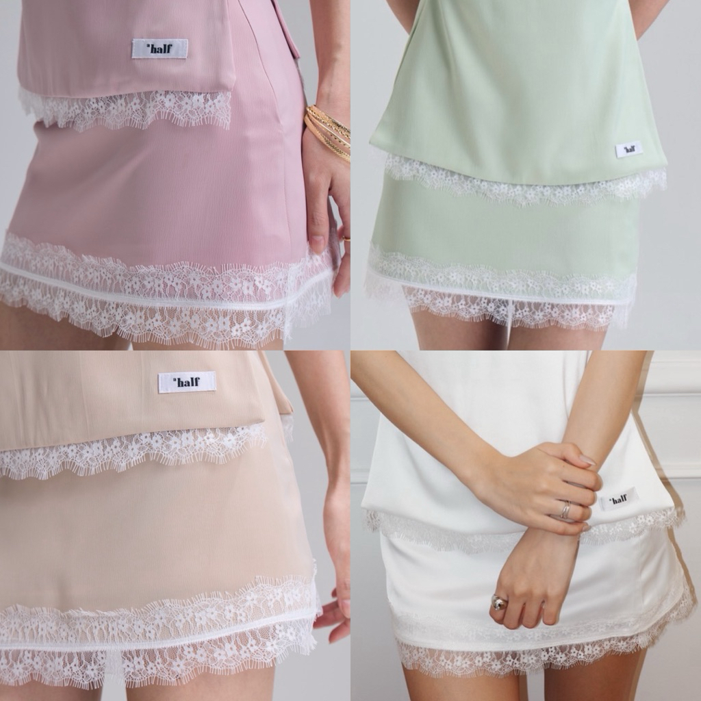 Ahalf - Satin mini skirt กระโปรงสั้นซาตินดีเทลระบายลูกไม้ซิปข้าง