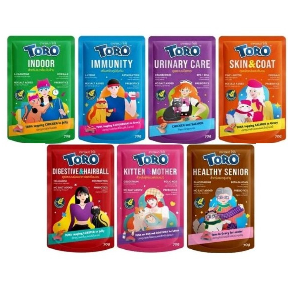 Toro Pouch อาหารเปียกพรีเมียม สูตรบำรุงสุขภาพ สำหรับลูกแมว แมวโต และแมวสูงอายุ ทำจากปลาทูน่าเนื้้อขาว ขนาด 70g.*48ซอง