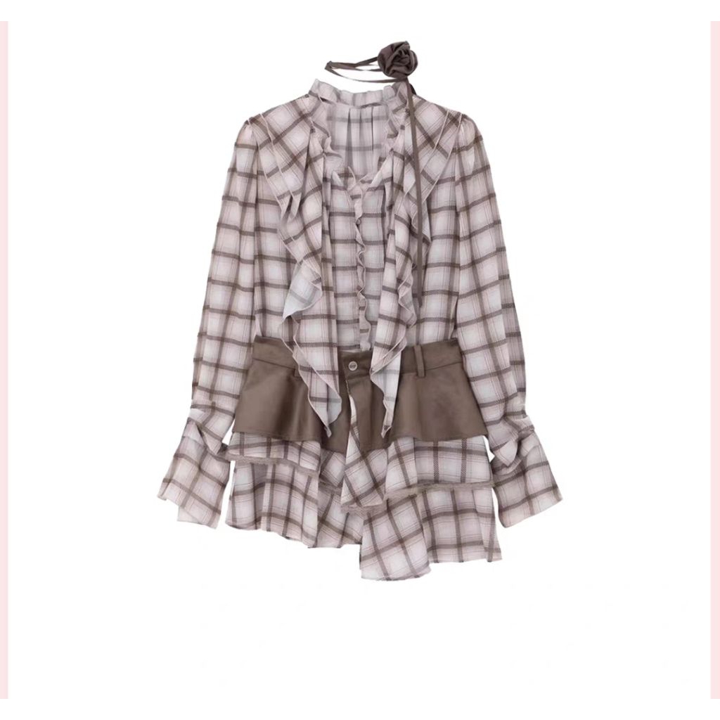 ชุดเซ็ท 3 ชิ้น เดรสเชิ้ตลายตาราง Yl LUO ดีไซน์ไม่สมมาตรแต่งระบาย +กระโปรงสั้น +โช๊คเกอร์กุหลาบ