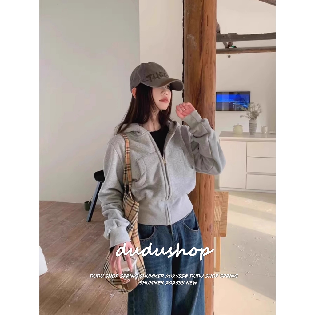[Short-length solid color zip-up hoodie]เสื้อฮู้ดแขนยาวสไตล์สปอร์ตสีพื้นลำลองสำหรับผู้หญิงสไตล์เกาหลี