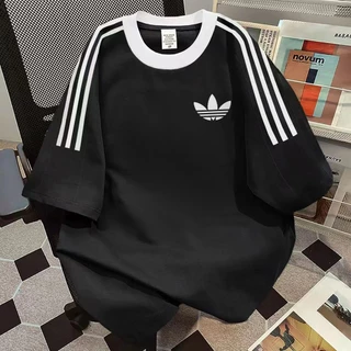 คอกลม สีดำ เสื้อยืดใหม่ล่าสุด สามแถบ แขนสั้น แฟชั่นทันสมัย สำหรับผู้หญิง ผู้ชาย ส่งภายใน 24 ชม