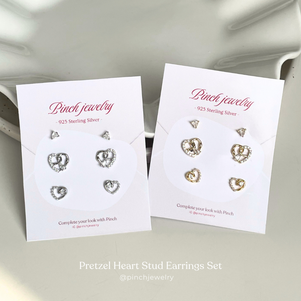 Pinch Pretzel Heart Stud Earrings Set (1Set / 3 Pairs ) ก้านเงินแท้