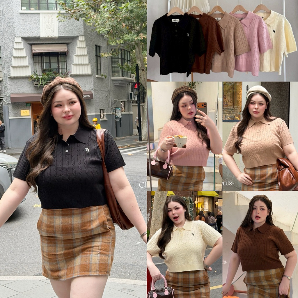 /LD/ เสื้อเชิ้ตครอปไหมพรมลายเปีย ไซส์อก40-52 สั่งทอพิเศษเนื้อนุ่ม กระดุมจริง แบบกำลังฮิต แมทช์ง่าย #พลัสไซส์