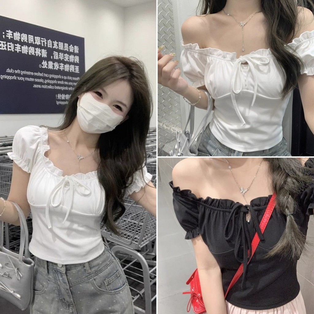 Hotgirl พร้อมส่ง เสื้อยืดแขนสั้นผู้หญิงผูกโบว์แขนพองสไตล์เกาหลี เสื้อยืดแขนสั้นทรงสลิมฟิตเรียบง่าย