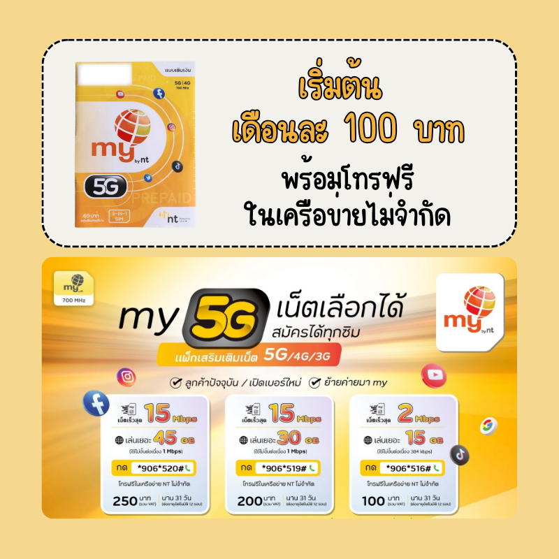 ซิม my by NT สมัครโปร my 5G / 4G เน็ตเสริมไม่อั้น ใช้ได้ยาว 31 วัน ราคาเริ่มต้น 100 บาท