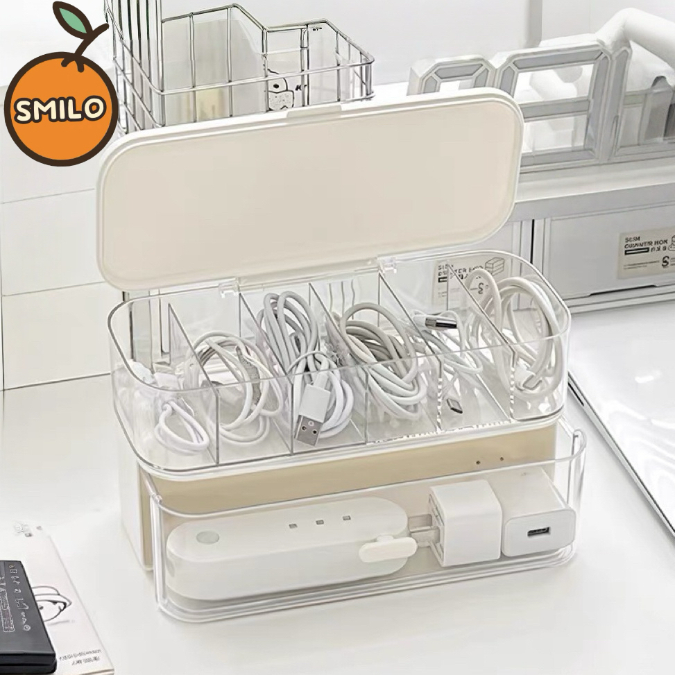 SMILO กล่องเก็บสายชาร์จ กล่องใส่ของ แบบฝาพับ  สองชั้น  7 ช่อง ป้องกันฝุ่น ใช้จัดเก็บสายดาต้า