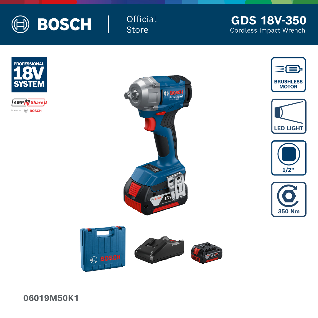 BOSCH GDS 18V-350 Professional บล็อกลมไร้สาย 18V แรงบิด 350Nm (รหัส 06019M50K1)