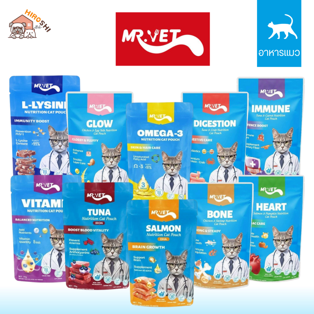 Mr.vet เปียกแมว โปรตีนสูง ไม่ปรุงรส ไม่ใส่วัตถุกันเสีย อาหารเปียก ขนาด 70 g