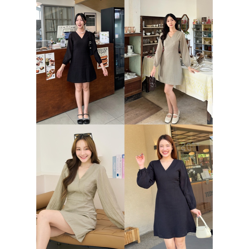 Lille collection : เดรสคอวีแขนยาว ผ้าไม่หนานะคะ #ชุดใส่ทำงาน