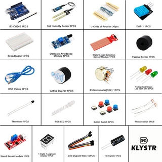 KLYSTR Basic Starter Kit สําหรับ Arduino Uno R3 พร้อมรหัสกวดวิชา Breadboard จัมเปอร์ลวด Led ไดโอดหลีกเลี่ยงอุปสรรคโมดูล