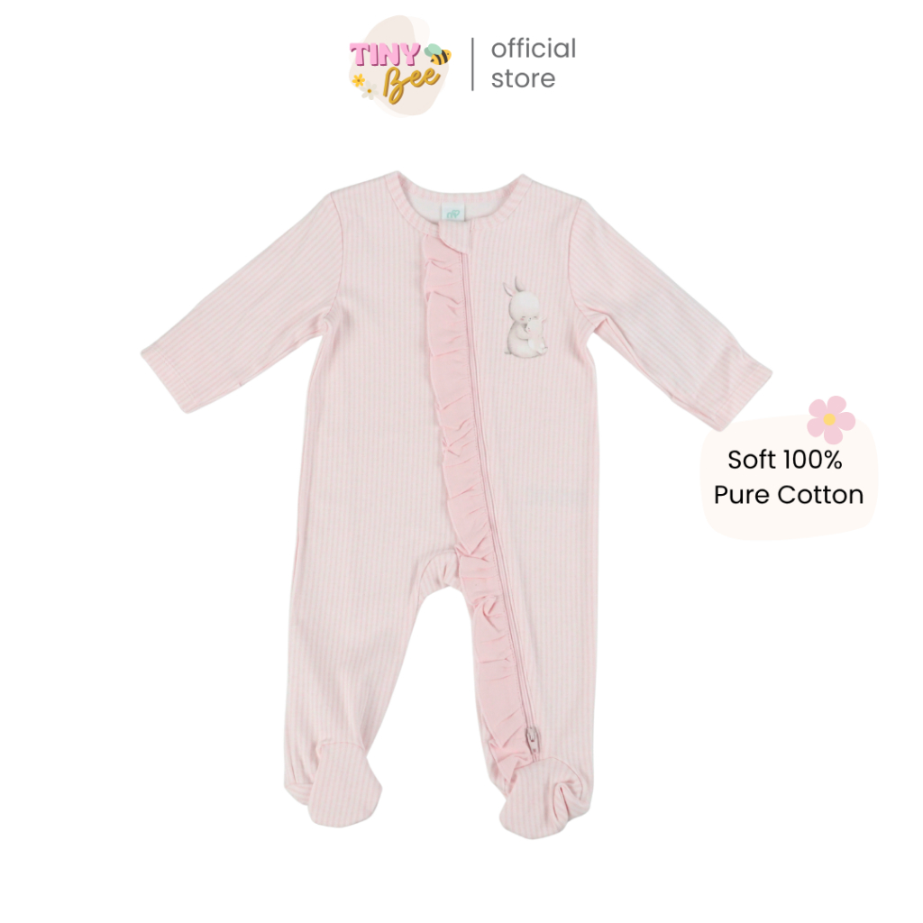 TinyBee ชุดหมีคลุมเท้า บอดี้สูท ซิป 2 ทาง 2 WAY ZIPPER Sleepsuits ผ้าฝ้าย สีชมพู อายุ 0-18 เดือน