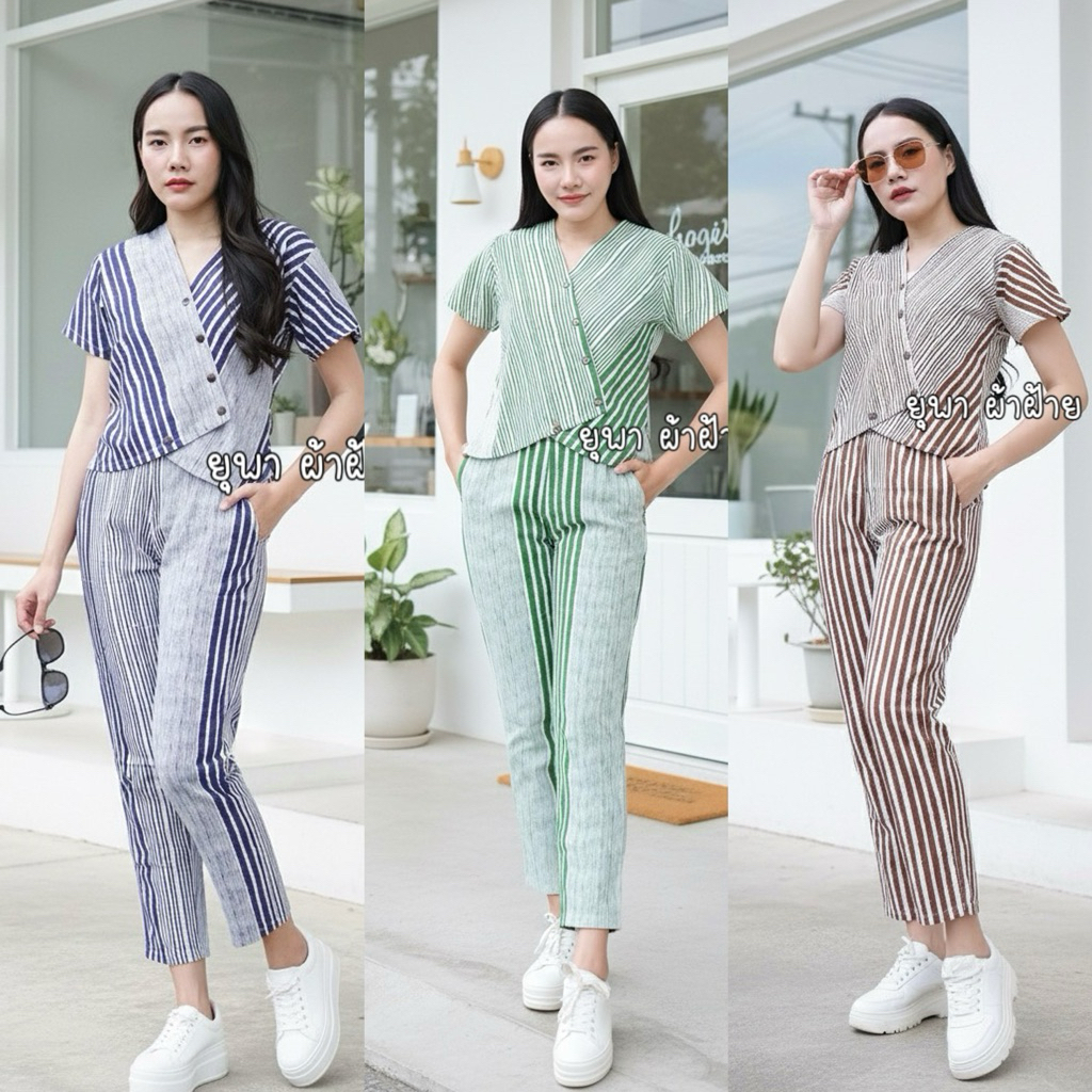 ชุดเซ็ตเสื้อคอวี+กางเกงขายาวลายบาร์โค้ด