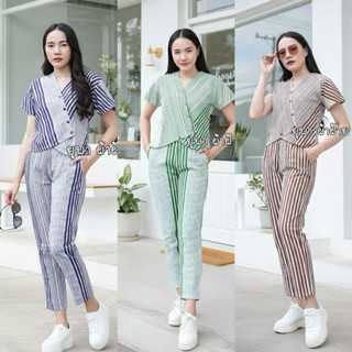 ชุดเซ็ตเสื้อคอวี+กางเกงขายาวลายบาร์โค้ด