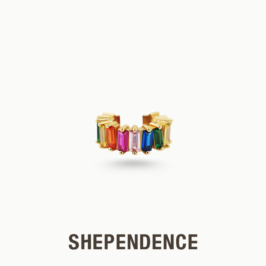 SHEPENDENCE ต่างหูหนีบ LUXE Tyra ประดับคริสตัลสีรุ้งทรงบาแกตต์