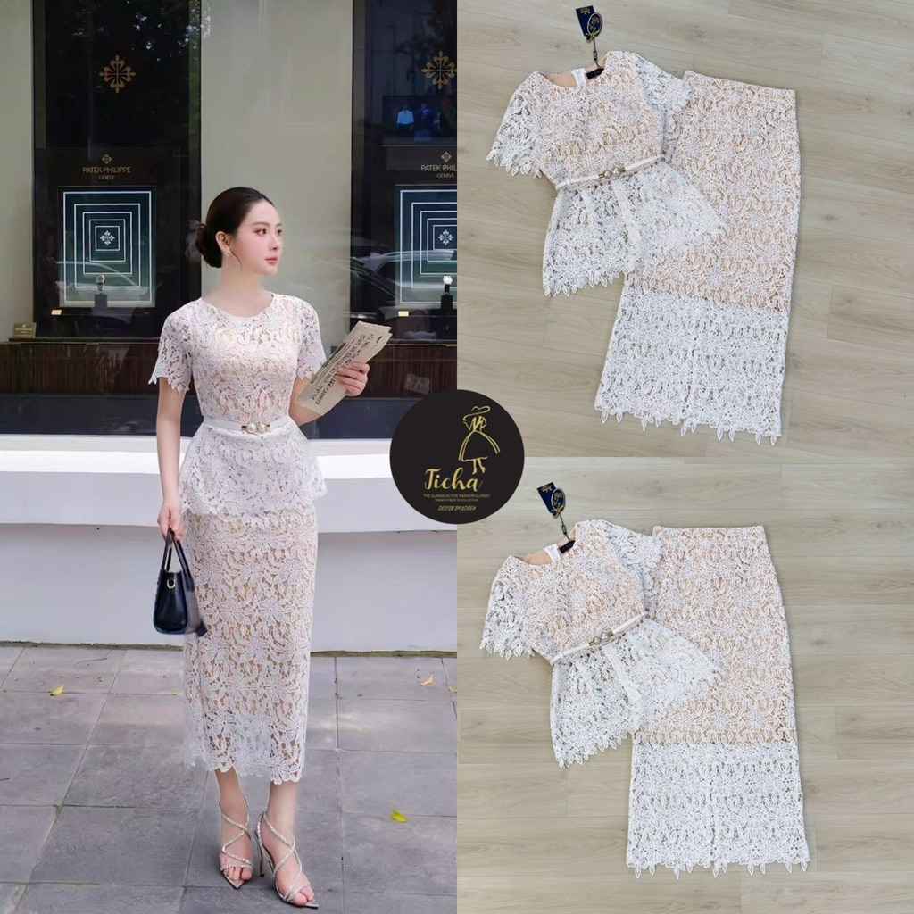Ticha brand Set 2ชิ้น เสื้อ+กระโปรงยาว งานผ้าลูกไม้เนื้อนิ่มทั้งตัว คอกลมสีขาว