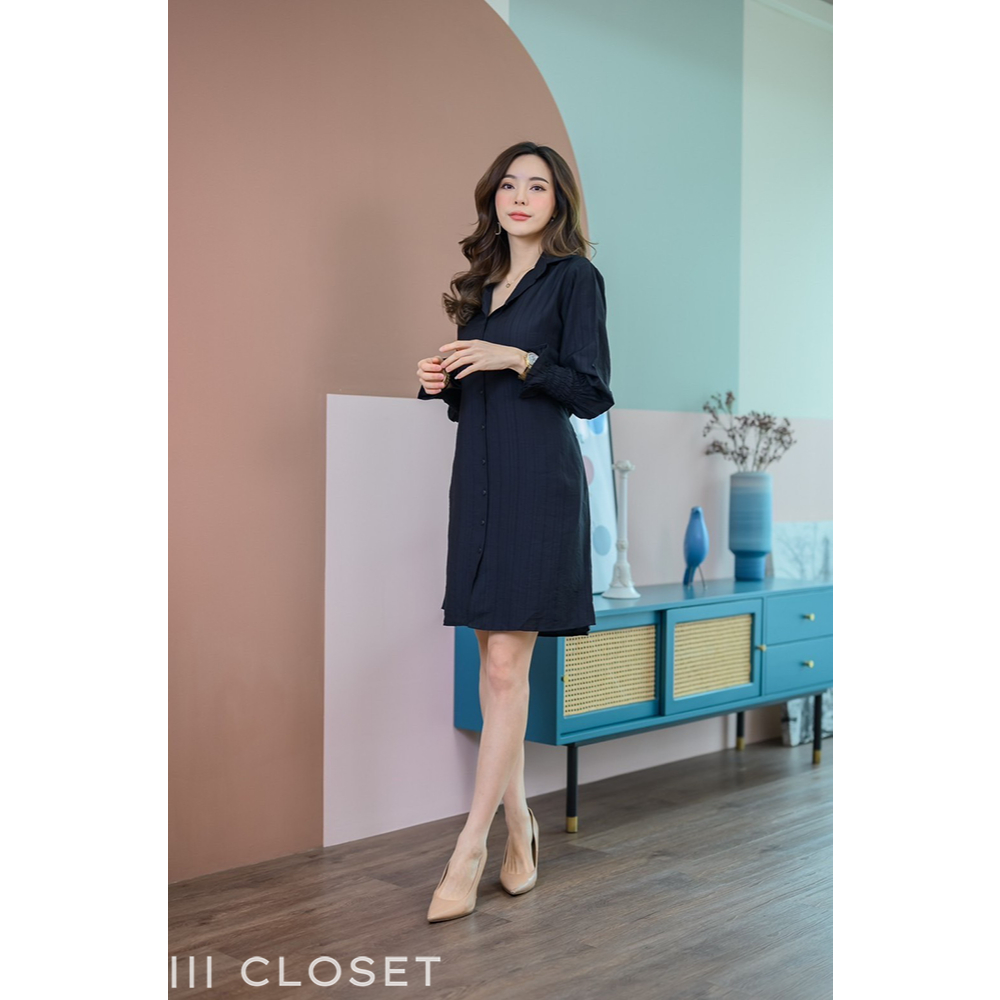 ชุดเดรส lll Freesize lll AUNG006 คอปก แขนยาว แขนระบาย สีดำ  กระดุมหน้า มีสายผูกเข้ารูป เนื้อผ้าสลาฟลินิน - รูปที่ 5