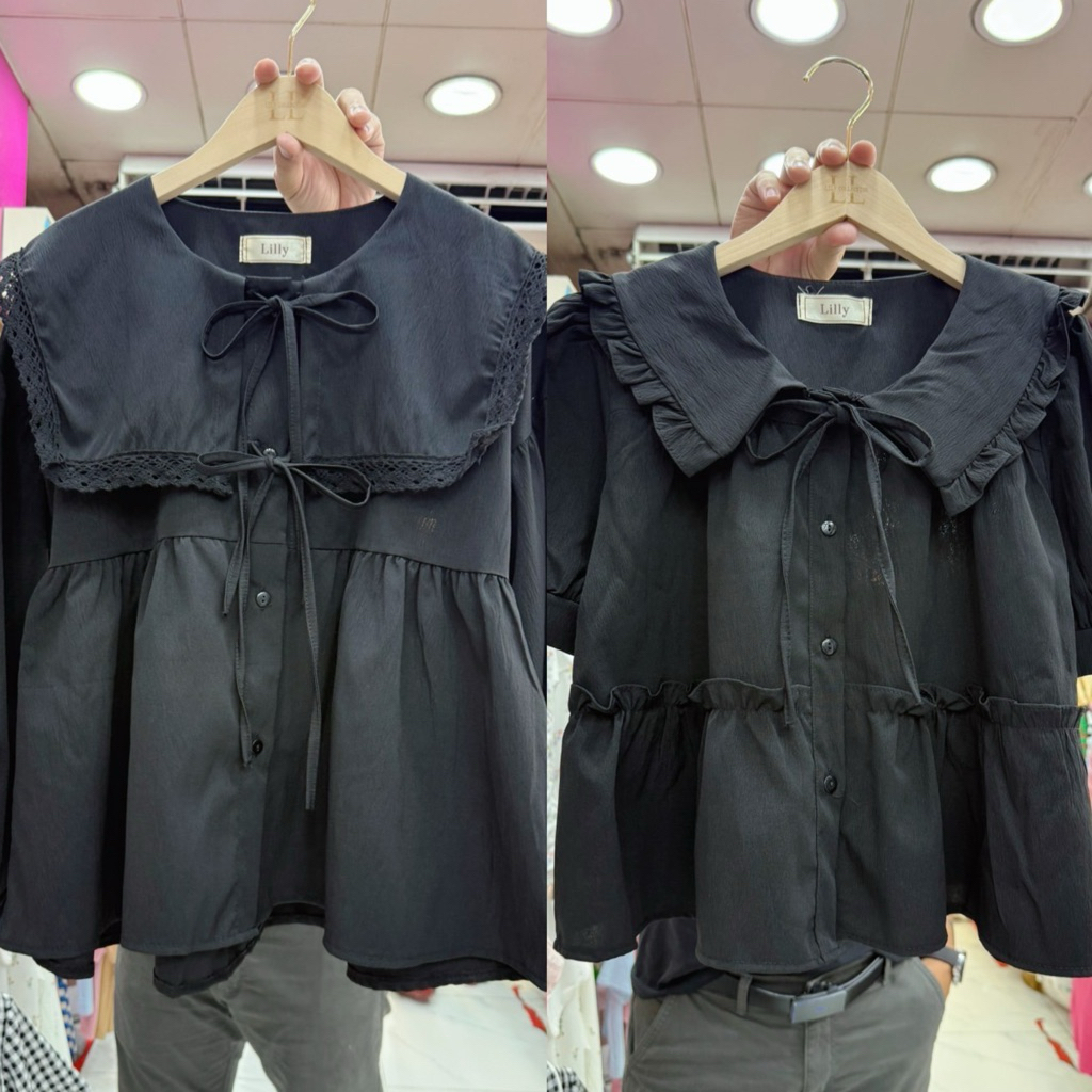•Lilly• เสื้อสีดำ คอปก มีแขนสั้น และ แขนยาว