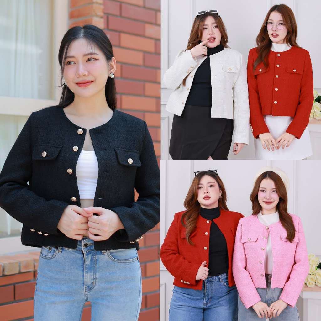 Elsie Blazer ผ้าทวิต - มีถึงอก46⭐️เสื้อคลุมผ้าทวิต เสื้อทวิตสาวอวบ กระดุมทอง มีซับใน ผ้าไม่บาง ทรงสวย