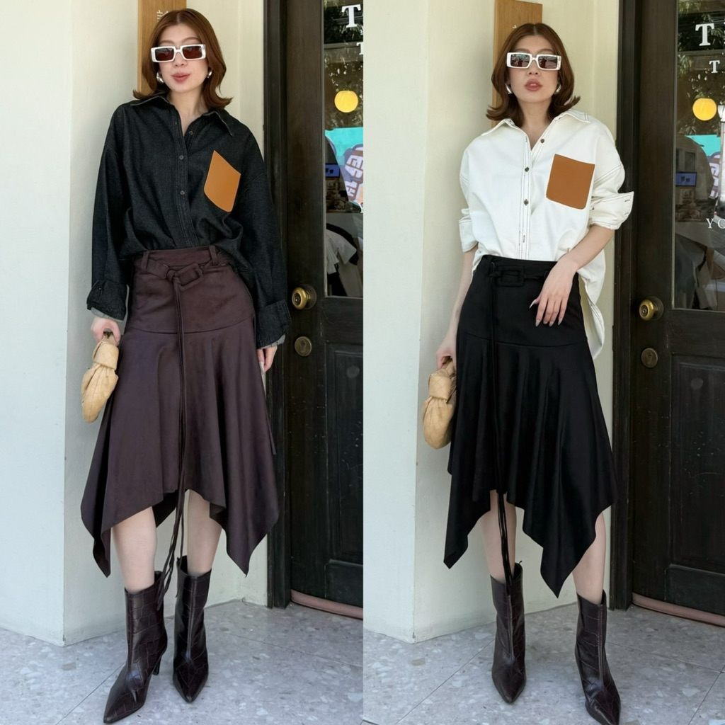 1265 🐻🥕New Arrival 🥕🐻 STUDIOX2 MIDI SUEDE SKIRT WITH BELT (SMLXL 590฿) กระโปรงหนังกลับชายหางปลา มาพร้อมกับเข็มขัด