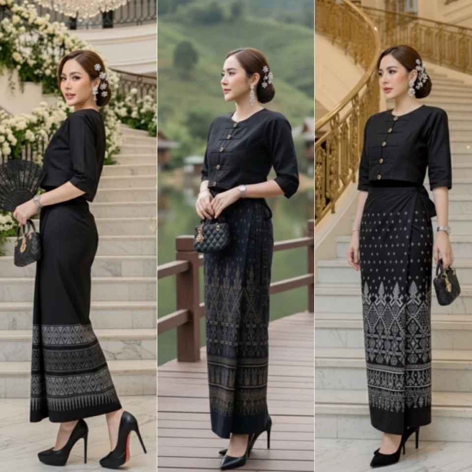 ผ้าถุงสีดำ ผ้าฝ้ายพิมพ์ลายเย็บสำเร็จแบบเชือกผูกเอว ลายสวยๆใส่ทำงาน ใส่ออกงานไว้ทุกข์ได้ค่ะ