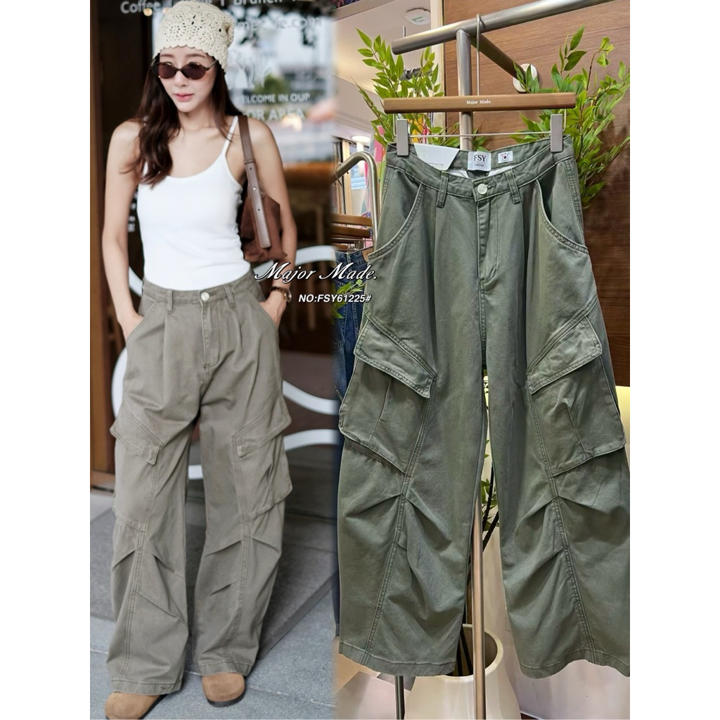 Major Made - FSY กางเกงยีนส์ขากระบอกใหญ่คาร์โก้สีเขียว Barrel FSY61225# SHERICH