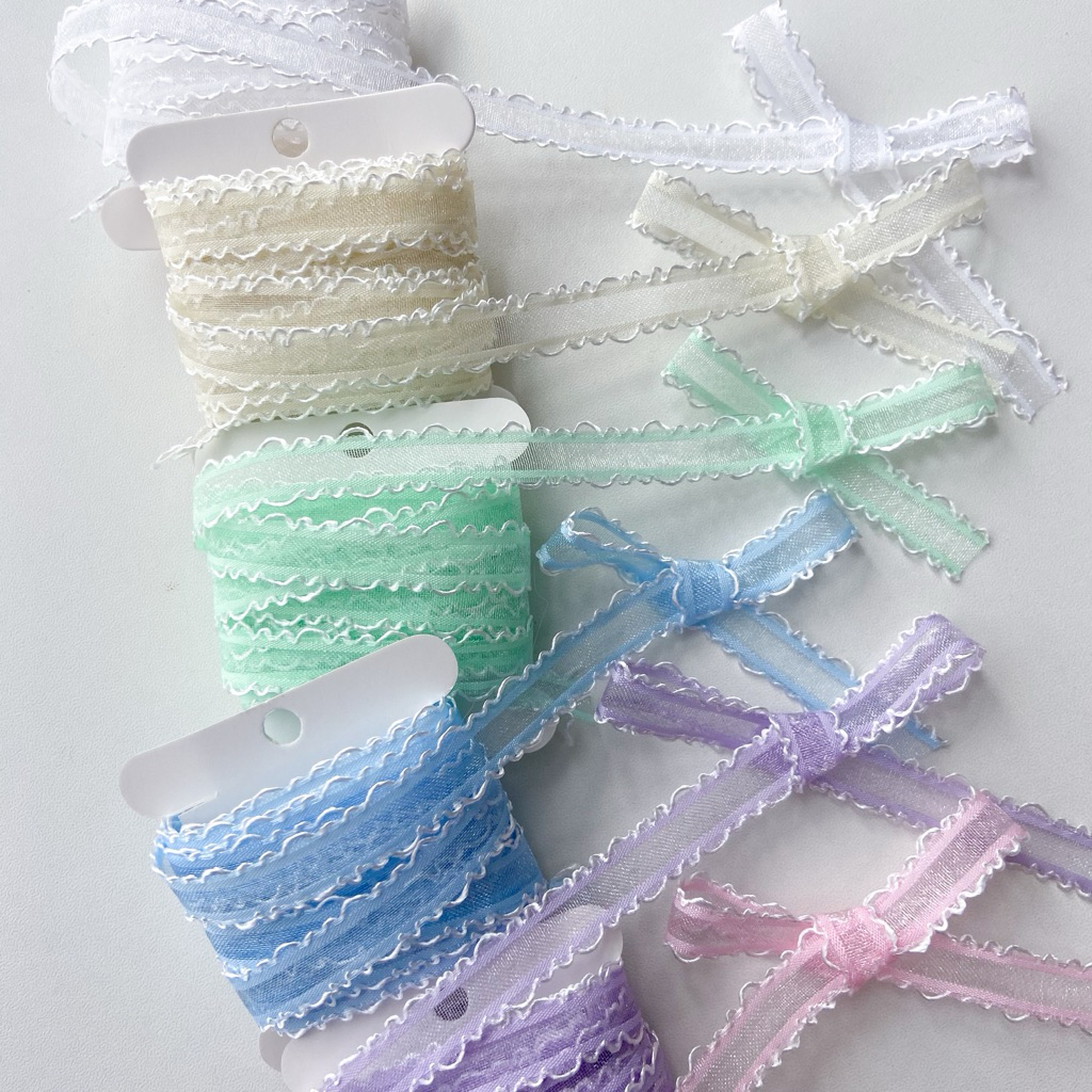 ♡  พร้อมส่ง | (5 หลา) Tullet Ribbon โบว์ ริบบิ้น โปร่ง ขอบขาว ขนาด 10 mm / 1.0 cm