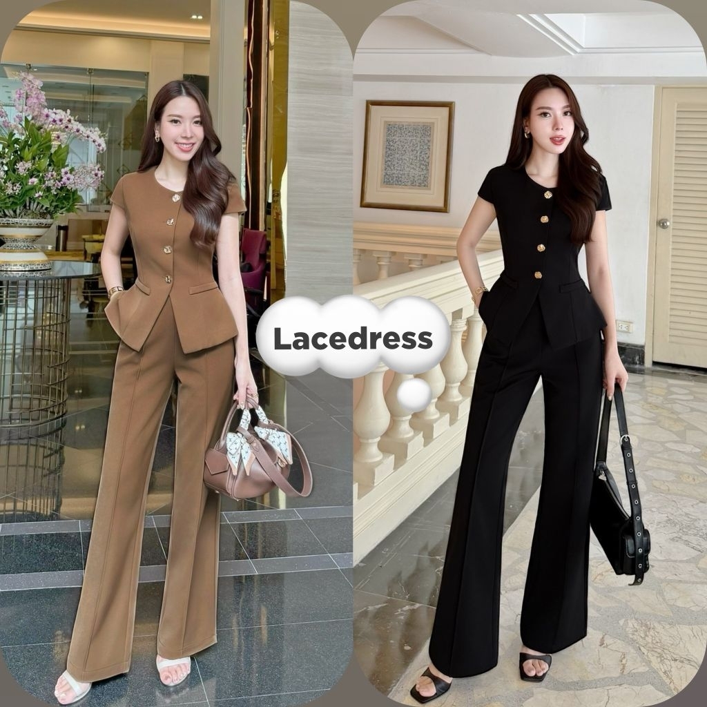 Adora ชุดเซ็ตเสื้อแขนสั้น + กางเกงขายาว ดีไซน์หรูหรา